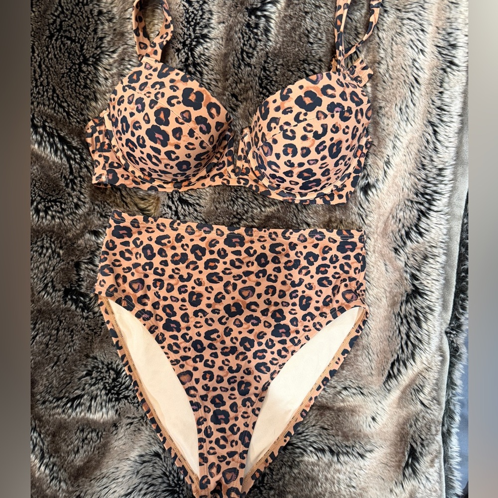 Leopard Print High-Waist Bikini Set - Brown & Black